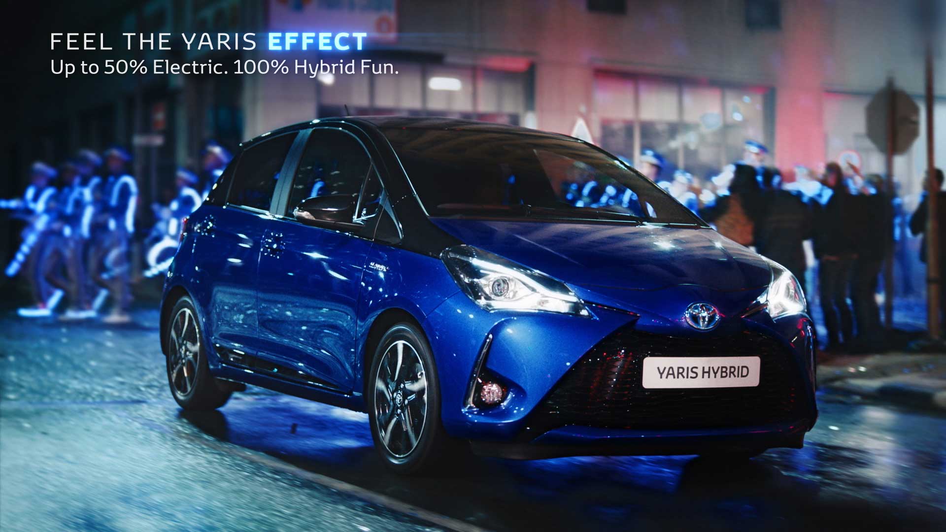 Car at night with lights. Still from Toyota Yaris commercial.